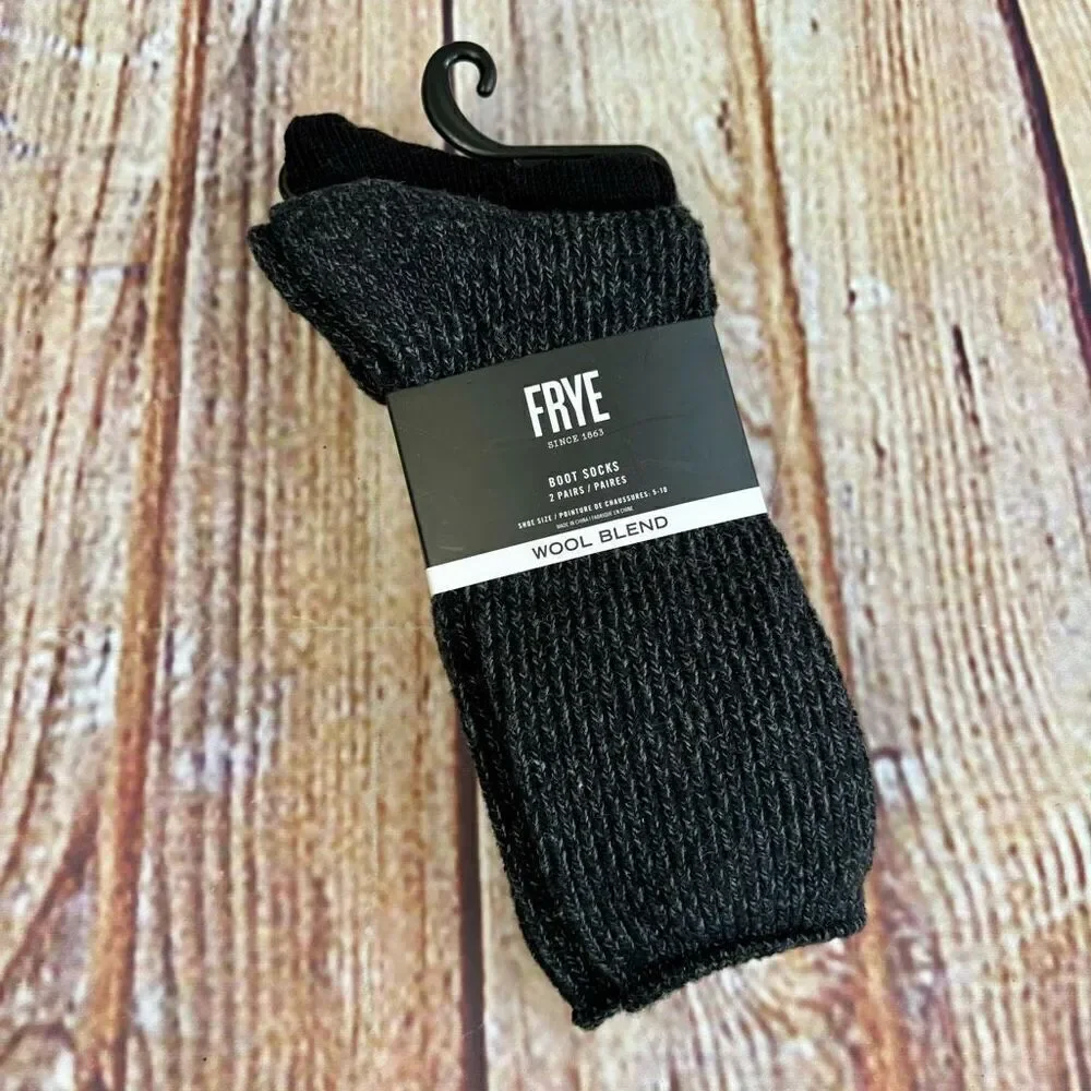 Frye Wool Blend Boot Socks Marled Solid Black Gray 2 Pack Two Pairs NWT